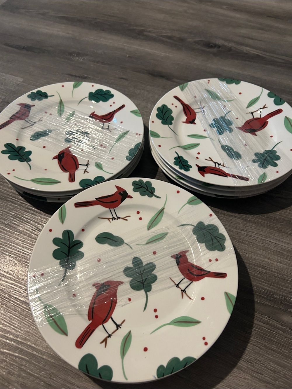 Red Cardinal Salad Plates with Green Leaf Pattern - 12 pieces